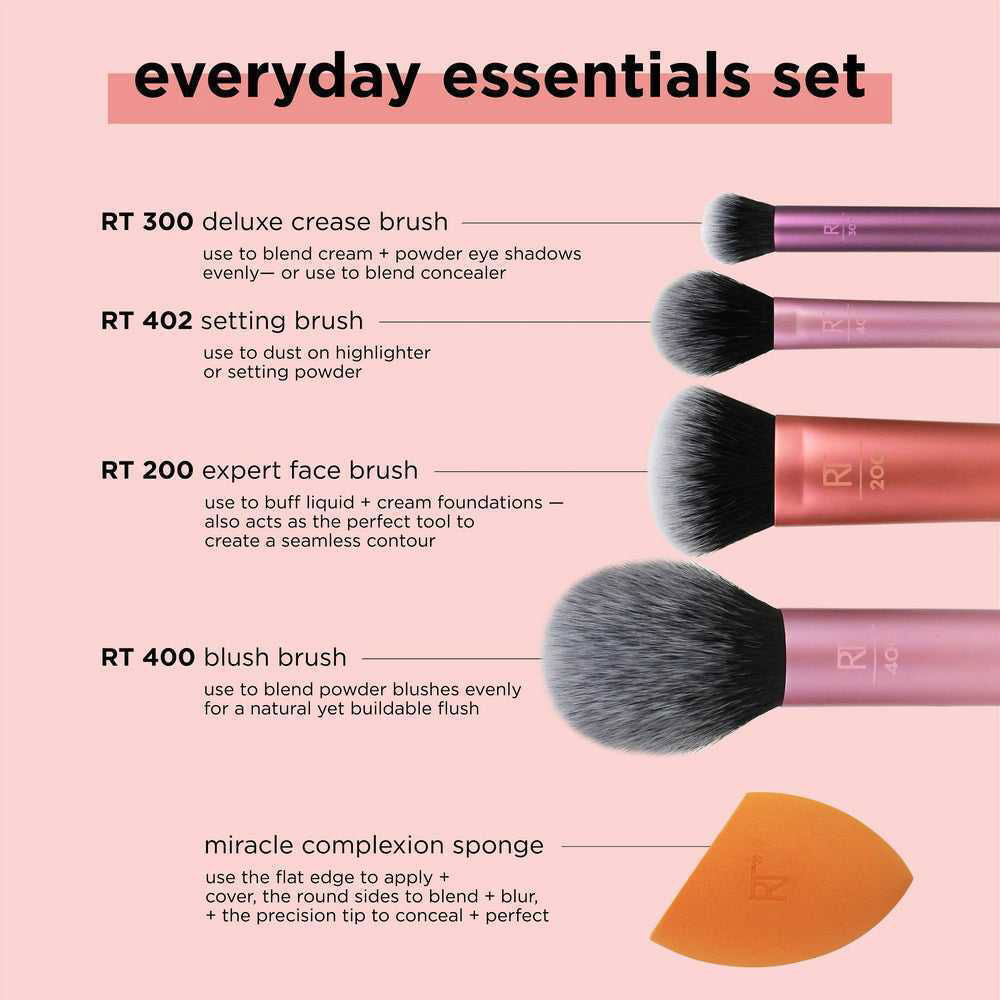 Real Techniques Everyday Essentials Makeup Brush Set with Bonus Miracle Complexion Sponge - THE BEAUTY HEAVEN